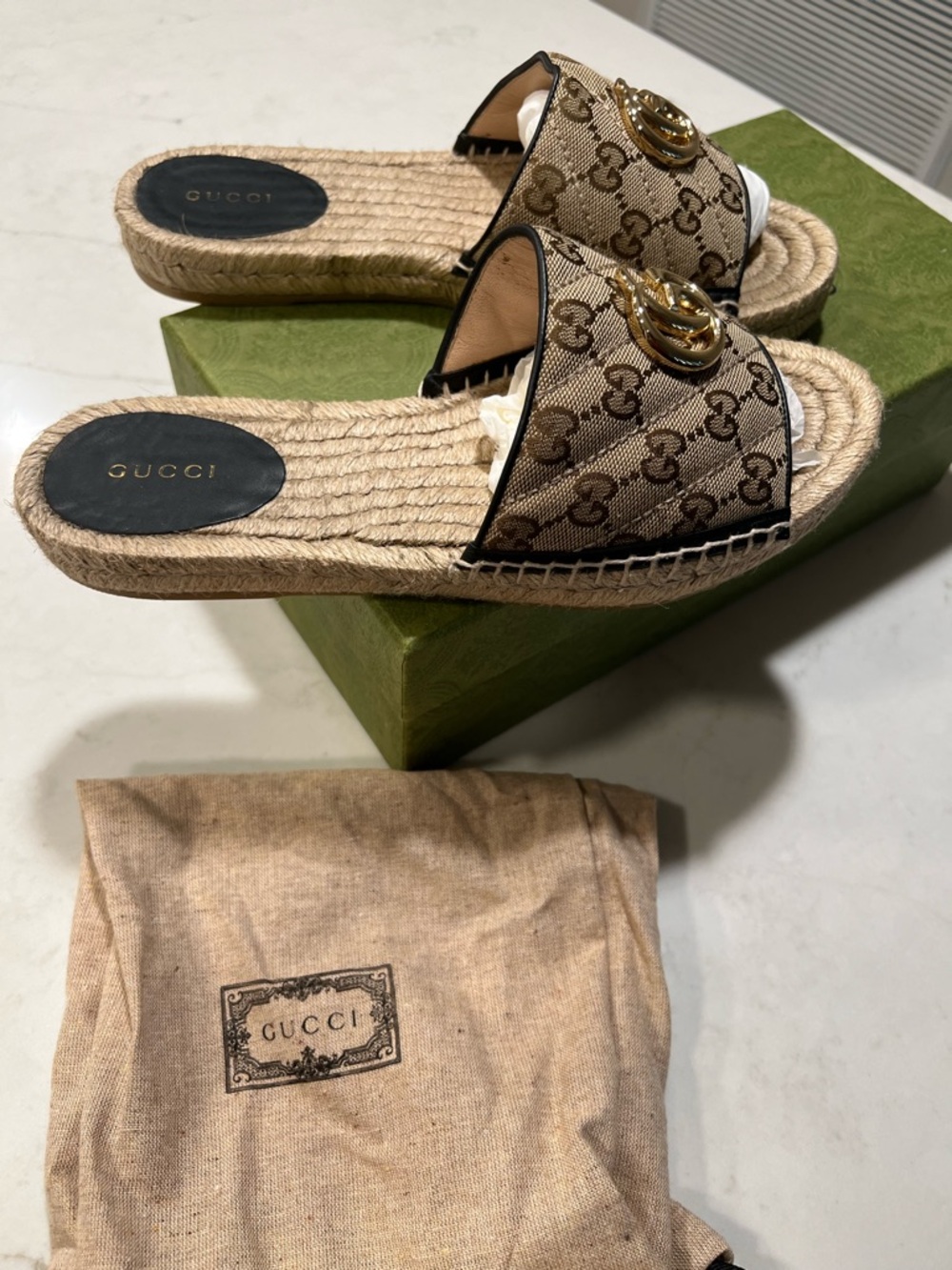 Gucci Brown/Beige GG Canvas Espadrille Slides with Gold Double G - Picture 13 of 16